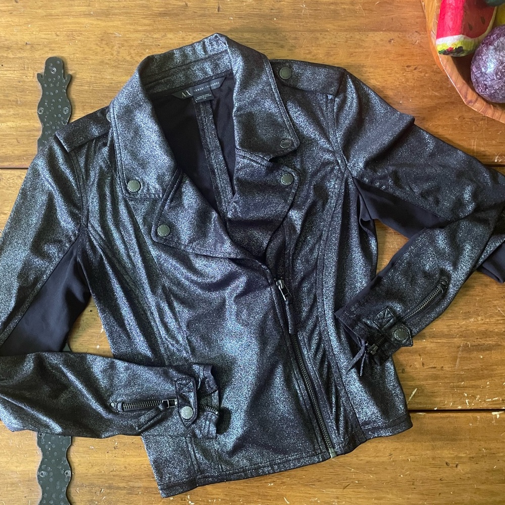Armani Exchange A/X Faux Leather Moto Jacket Sparkle Sheer Sleeves Black Small S